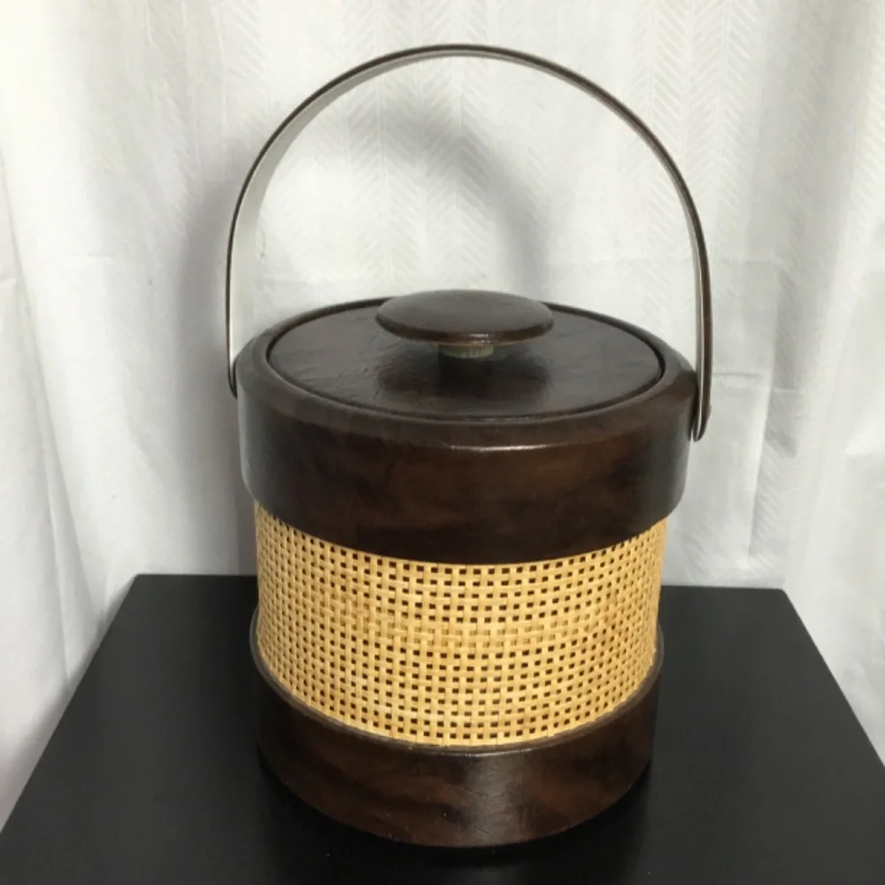 Vintage Mid Century Modern Ice Bucket Woven Sides Brown Faux Leather Trim Handle